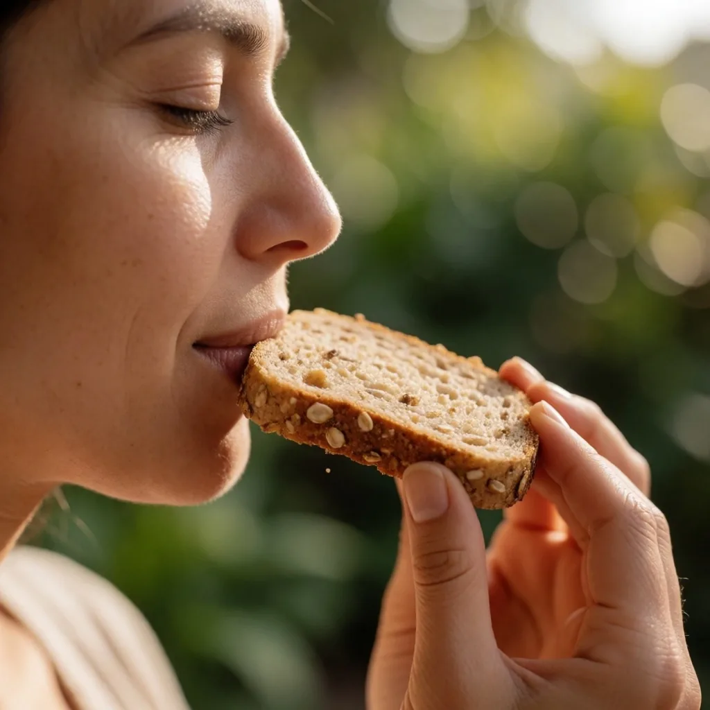 Persona masticando alimentos con calma