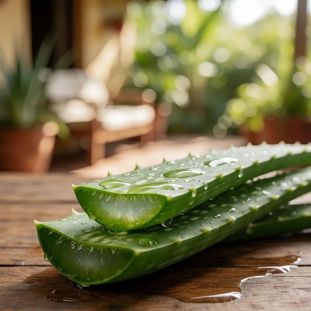 Hojas de aloe vera recién cortadas mostrando su gel interior