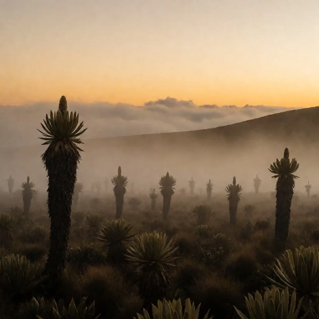 Páramo andino al atardecer con frailejones bajo cielo ámbar