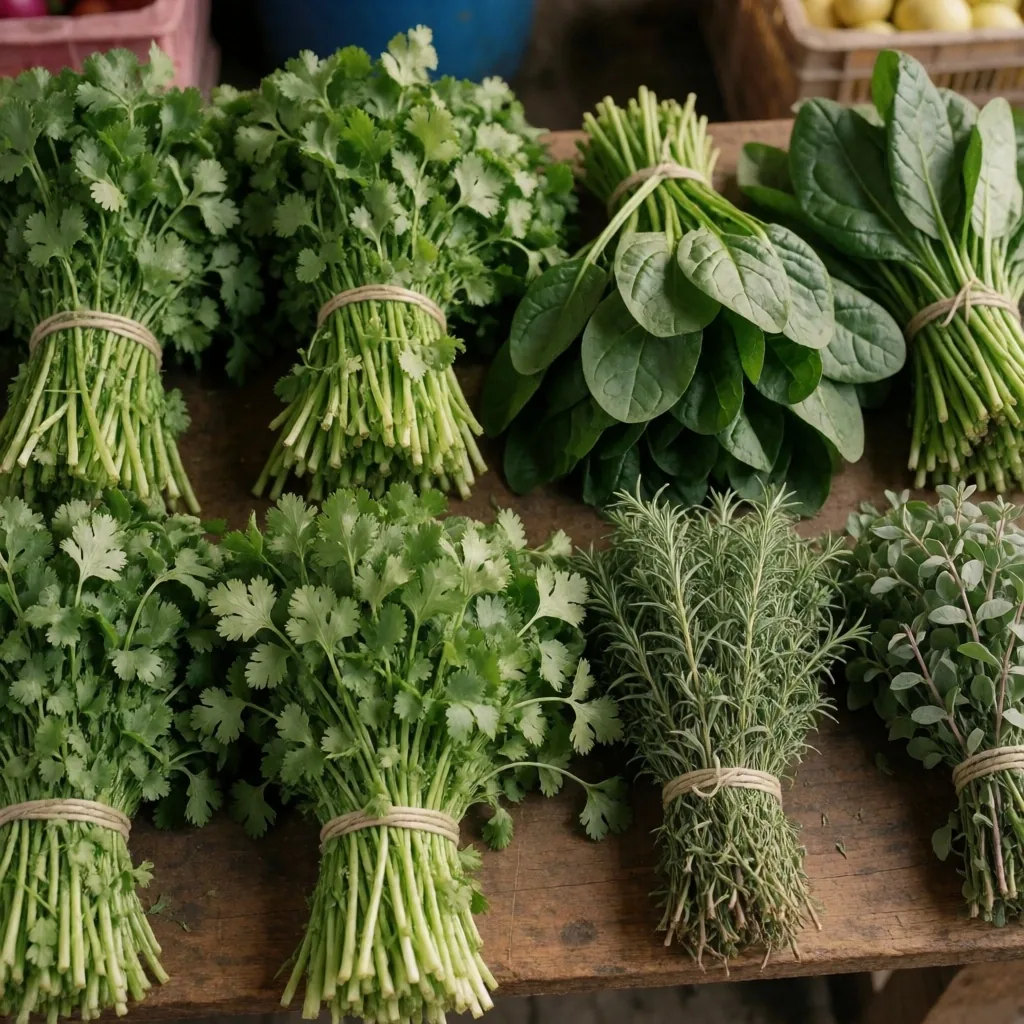 Puesto de mercado colombiano con vegetales frescos de hoja verde