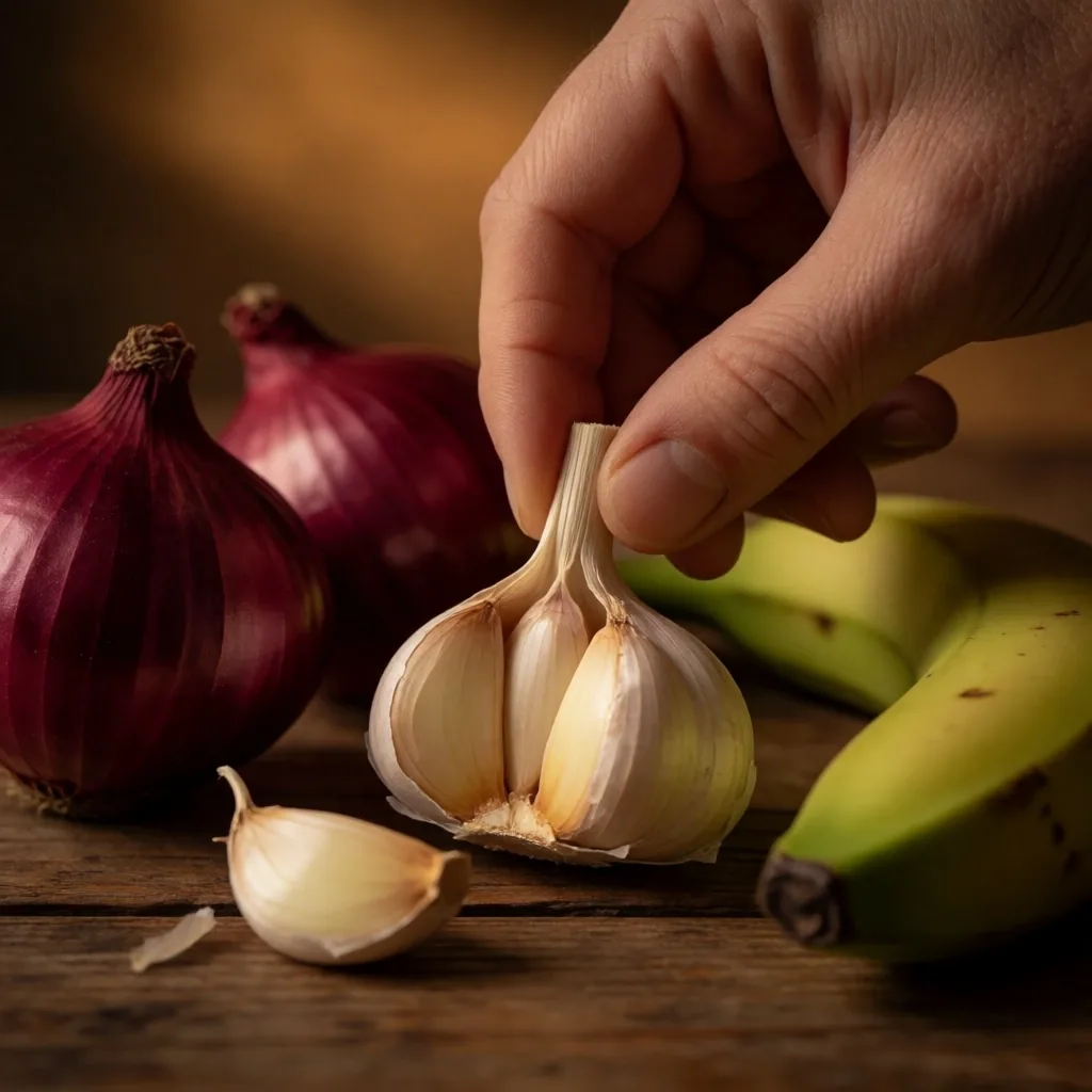 Ajo, cebolla y banano verde sobre mesa de madera