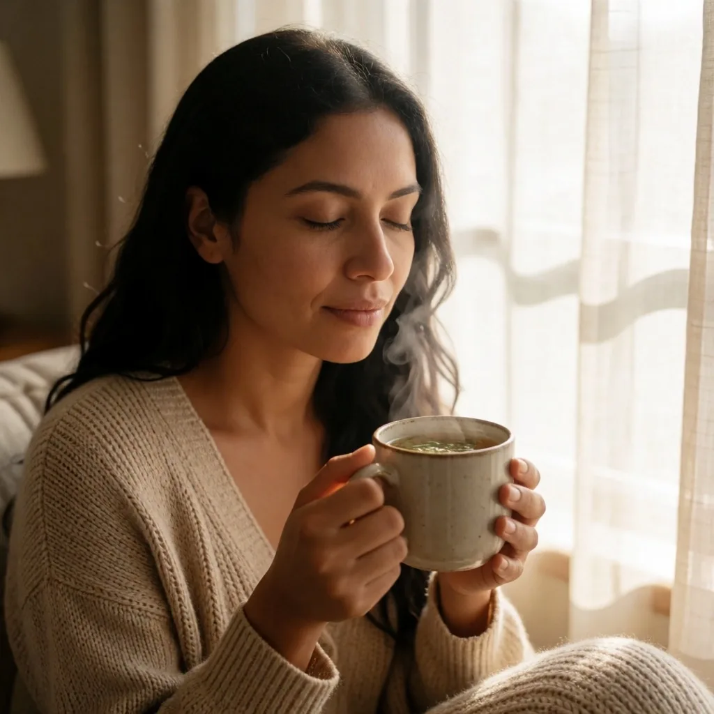 Mujer serena con infusión junto a una ventana