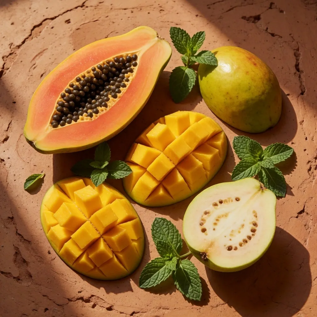 Frutas y hierbas colombianas sobre superficie de adobe