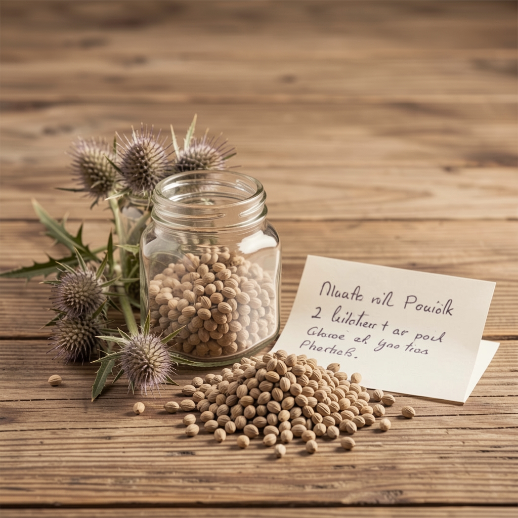 Milk thistle extract and whole seeds arranged on a wooden table with handwritten nutrition notes